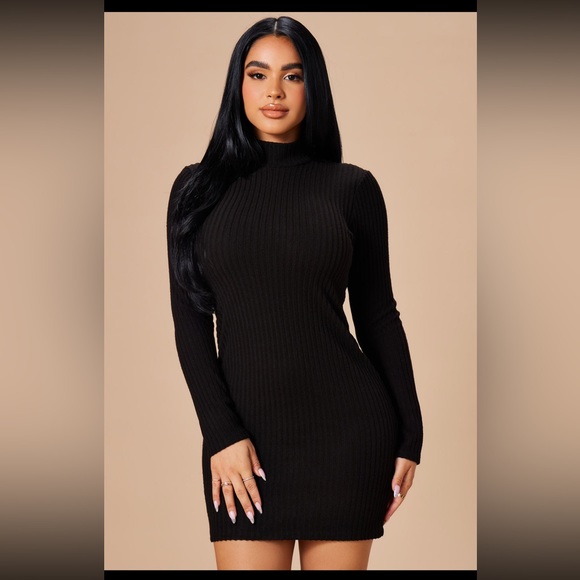 This is a black long sleeve, mock neck mini dress - Picture 3 of 3